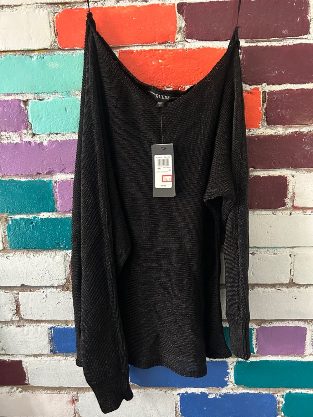 GUESS Black Sheer Knit/ black metallic  Long Sleeve Top